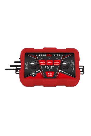 ZeroNoise Fury digital amplifier for motorcycle racing with control knobs and display in a red protective case.