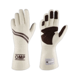 Pair of racing gloves from Grand Prix Racewear, designed for motorsport safety and performance, featuring white fabric with black accents and grip pads.