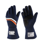 Pair of racing gloves from Grand Prix Racewear with blue, black, and orange design, featuring OMP branding for motorsport safety and performance.