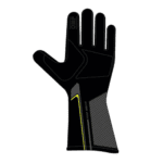 Black racing glove with yellow and grey accents, designed for motorsport safety and performance, featuring high grip and durability.