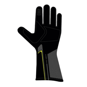 Black racing glove with yellow and grey accents, designed for motorsport safety and performance, featuring high grip and durability.