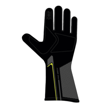 Black racing glove with yellow and grey accents, designed for motorsport safety and performance, featuring high grip and durability.