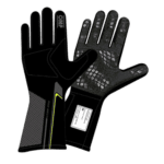 Black and grey Grand Prix racing gloves with protective padding and grip details, designed for motorsport enthusiasts and professional drivers.