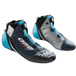 High-performance Grand Prix racing shoes with blue, black, and grey design, featuring advanced safety and comfort features for professional motorsport drivers.