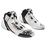 High-performance Grand Prix racing shoes in white and black with GP branding, designed for professional motorsport drivers.