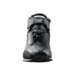 Close-up of a black OMP racing shoe designed for motorsport, featuring durable materials and a secure fit for racing drivers.