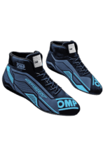 High-performance OMP Grand Prix Racewear racing shoes in black and blue, designed for motorsport drivers for optimal grip and comfort.
