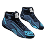 High-performance OMP racing shoes designed for motorsport enthusiasts, featuring a sleek black and blue design with advanced grip and comfort for racing.