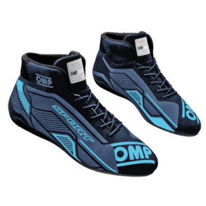 High-performance OMP racing shoes designed for motorsport enthusiasts, featuring a sleek black and blue design with advanced grip and comfort for racing.