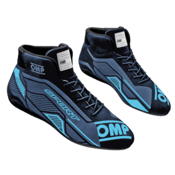 High-performance OMP racing shoes designed for motorsport enthusiasts, featuring a sleek black and blue design with advanced grip and comfort for racing.