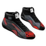 High-performance racing shoes from Grand Prix Racewear featuring black, grey, and red design with OMP branding, ideal for motorsport enthusiasts.