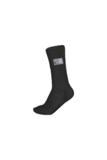 Black racing sock with a label, designed for motorsport enthusiasts and drivers, featuring a comfortable fit and durable material.