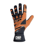 Orange and black OMP racing glove with protective padding and grip details, designed for motorsport safety and performance.