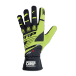 High-performance OMP racing glove in neon yellow and black, designed for motorsport safety and grip, featuring multiple protective elements and branding.