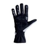 Black racing glove with white accents designed for motorsport safety and performance, featuring reinforced knuckles and flexible material.