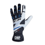 High-performance OMP racing glove with black, white, and blue design, featuring reinforced grip and flexible fit for motorsport safety and control.