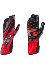 Red and black Grand Prix racing gloves with protective padding and grip features for motorsport enthusiasts.