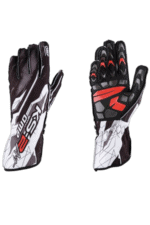 Pair of Grand Prix Racewear racing gloves with black, white, and red design for motorsport enthusiasts.