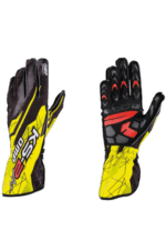 Pair of racing gloves from Grand Prix Racewear featuring black, yellow, and red design elements for motorsport safety and performance.