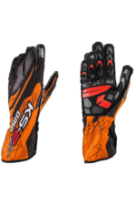 Pair of high-performance racing gloves from Grand Prix Racewear in black and orange with protective padding and grip features.