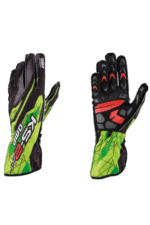 Pair of racing gloves from Grand Prix Racewear with black, green, and red design, suitable for motorsport enthusiasts and professional racers.