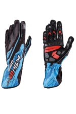 Pair of racing gloves from Grand Prix Racewear, designed for motorsport enthusiasts, featuring black, blue, and red accents for optimal grip and protection.