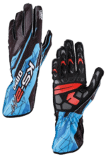 Pair of racing gloves from Grand Prix Racewear with black, blue, and red design, suitable for motorsport enthusiasts and professional racers.