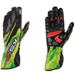 Pair of racing gloves from Grand Prix Racewear with vibrant green, black, and red design, suitable for motorsport enthusiasts and professional racers.