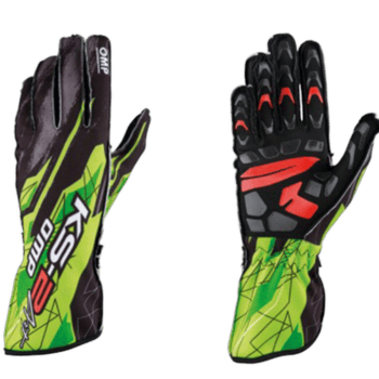Pair of racing gloves from Grand Prix Racewear with vibrant green, black, and red design, suitable for motorsport enthusiasts and professional racers.