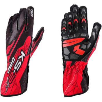 Red and black Grand Prix Racewear racing gloves designed for motorsport enthusiasts and professional drivers.