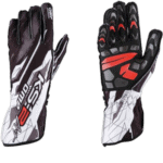 Pair of racing gloves from Grand Prix Racewear with black, white, and red design, suitable for motorsport enthusiasts and professional racers.