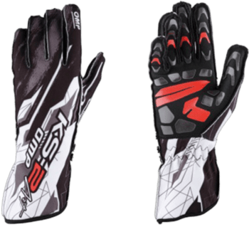 Pair of racing gloves from Grand Prix Racewear with black, white, and red design, suitable for motorsport enthusiasts and professional racers.