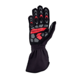 Black and red racing glove with protective padding, designed for motorsport safety and performance.