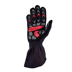 Black and red racing glove with protective padding, designed for motorsport safety and performance.