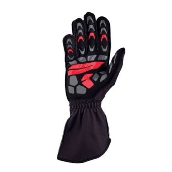 Black and red racing glove with protective padding, designed for motorsport safety and performance.