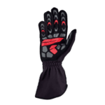 Black and red racing glove with protective padding, designed for motorsport safety and performance.