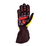 High-performance racing glove with black, red, and yellow accents, designed for motorsport safety and grip.