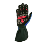 High-performance racing glove with black, red, and blue accents, designed for motorsport safety and grip.