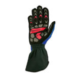 High-performance racing glove with black, red, and blue accents, designed for motorsport safety and grip.