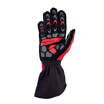 High-performance racing glove with black, red, and grey design, featuring protective padding and flexible material for motorsport safety and comfort.