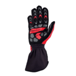 High-performance racing glove with black, red, and grey design, featuring protective padding and flexible material for motorsport safety and comfort.