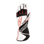 Grand Prix Racewear racing glove with black, white, and red design, featuring protective padding and grip enhancements for motorsport safety.