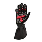 Black and red racing glove with protective padding, designed for motorsport safety and performance.