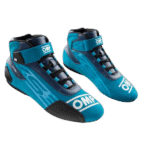 Blue OMP racing shoes designed for motorsport, featuring high ankle support and durable materials for safety and performance.