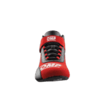 Red and black Grand Prix racing shoe with OMP branding, designed for motorsport safety and performance.