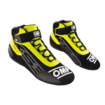 High-performance racing shoes from Grand Prix Racewear in black and yellow with OMP branding, designed for motorsport enthusiasts.