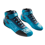 Blue OMP racing shoes designed for motorsport enthusiasts, featuring high grip soles and secure fastening for optimal performance.