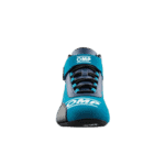 Blue OMP racing shoe with black laces and logo, designed for motorsport safety and performance.