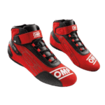 Red and black Grand Prix racing shoes with OMP branding, designed for motorsport enthusiasts and professional drivers.