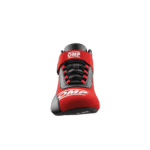 Red and black OMP racing shoe designed for motorsport safety and performance, featuring durable materials and secure lacing system.